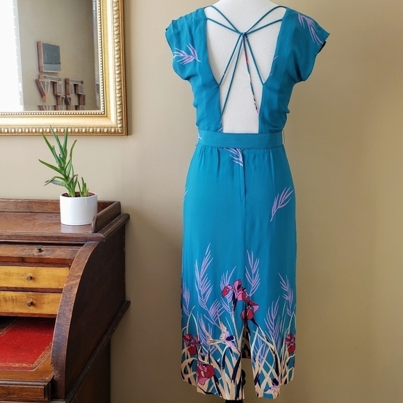 Vintage Turquoise Bird Iris Strapy Back Sheath Midi Dress Cap Sleeve Size Small - Picture 6 of 13